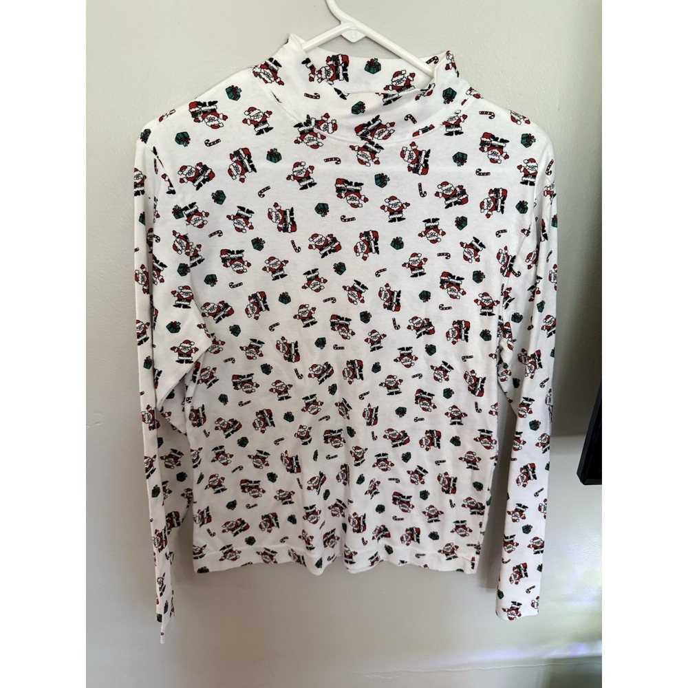 Christmas Santa Novelty Turtleneck Top Women Medium White Holiday Festive Cotton